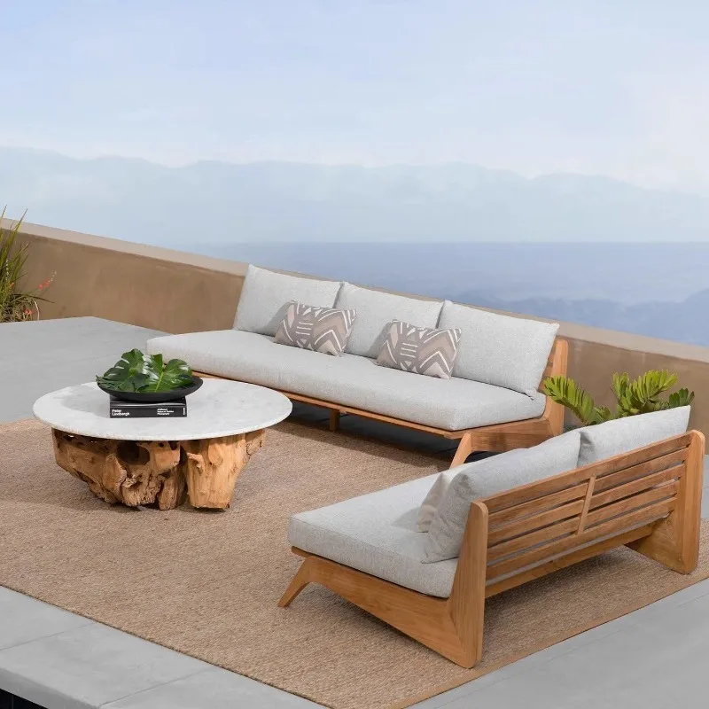 Outdoor sofa solid wood combination, log wind leisure waterproof sunscreen teak