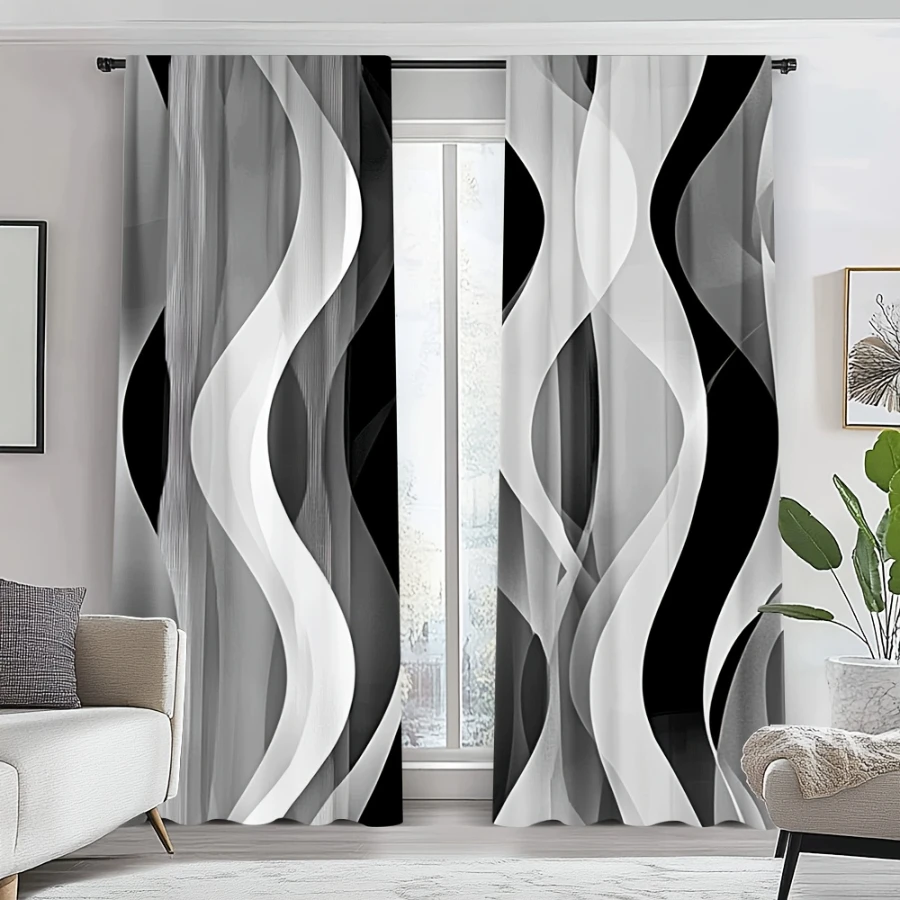 2PCS Digital Printed Curtains, Black White Gray Waves Design, Geometric Abstract Style for Living Room Bedroom Home Decor