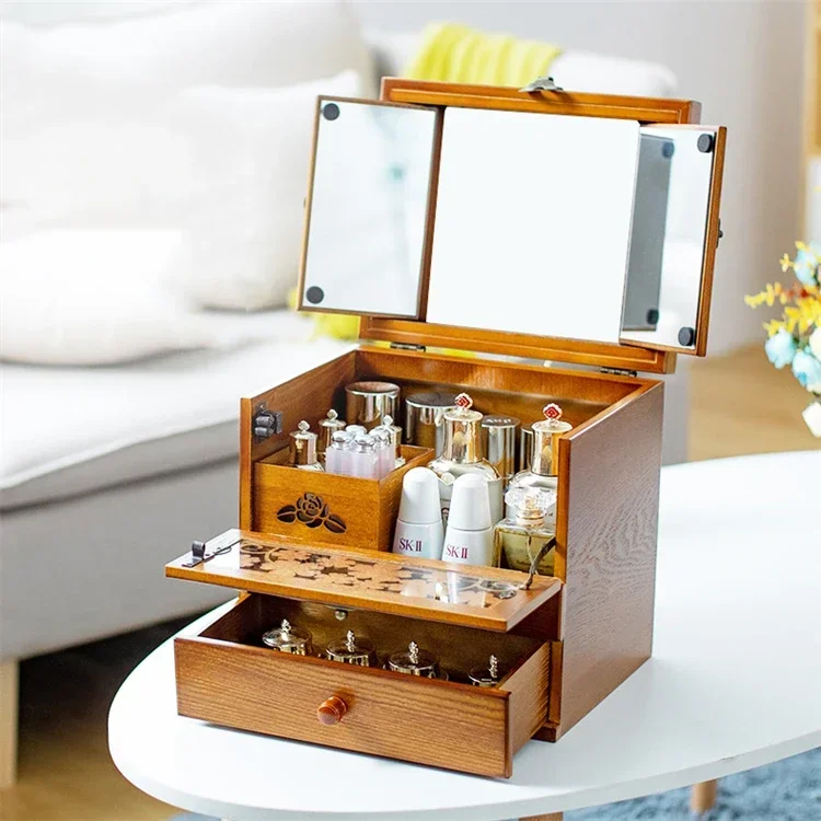 Female Watch Cosmetic Storage Box Household Solid Wood Jewelry Vanity Organizer Retro Makeup Table Skin Care Racks with Mirror L