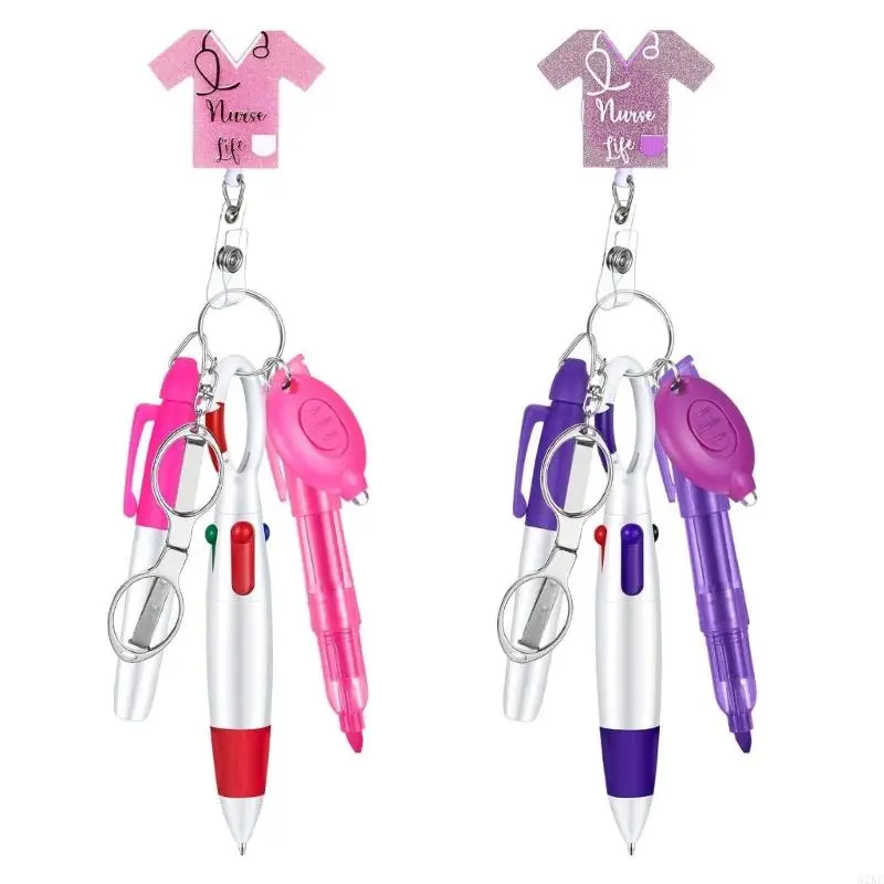 62KE Multi Functional Nursing Pen Set Unique Nurse Pen and Badge Holder Set with LED Keychain for Staff Gifts