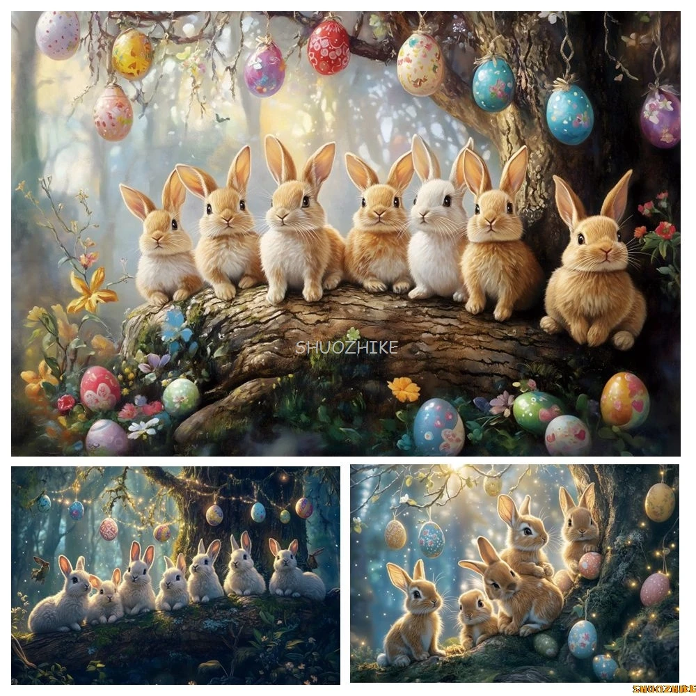 Spring Easter Eggs Rabbits Backdrop Forest Bunny Baby Shower Birthday Party Kids Photography Background Decor Banner Photostudio