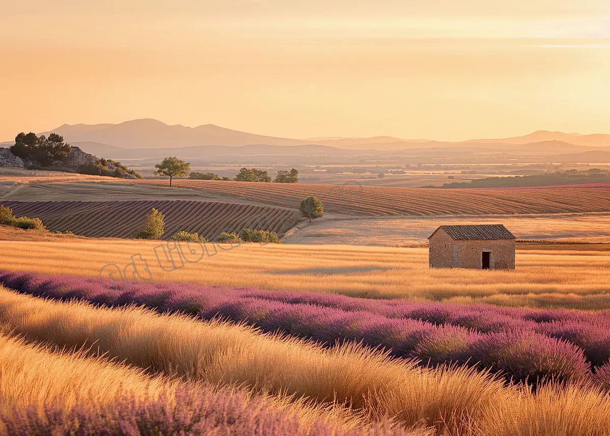 AZNM Affiche sur toile Paysage moderne du coucher de soleil à la Provence, lavande, village rustique