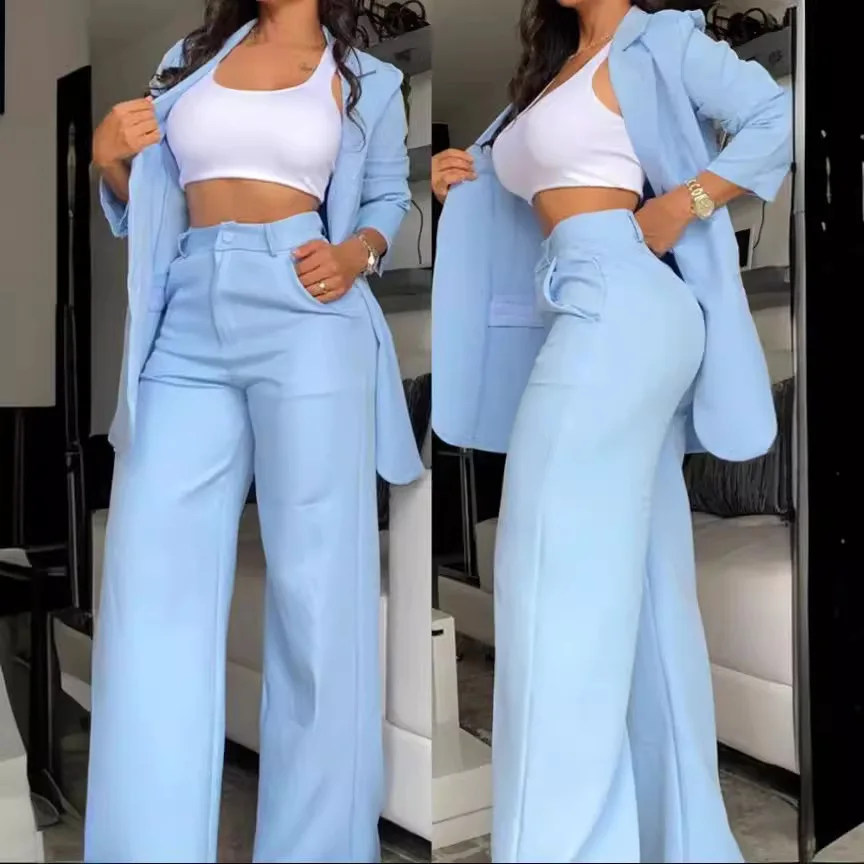 

European and American Spring and Summer Women's Clothing Style Elegant Solid Color Lapel Suit Straight Leg Pants Set for Women