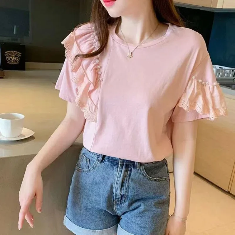 Korean Fashion Summer New Women\'s Solid Color O-Neck Lace Embroidered Flares Ruffles Elegant Loose Short Sleeve T-Shirts Tops