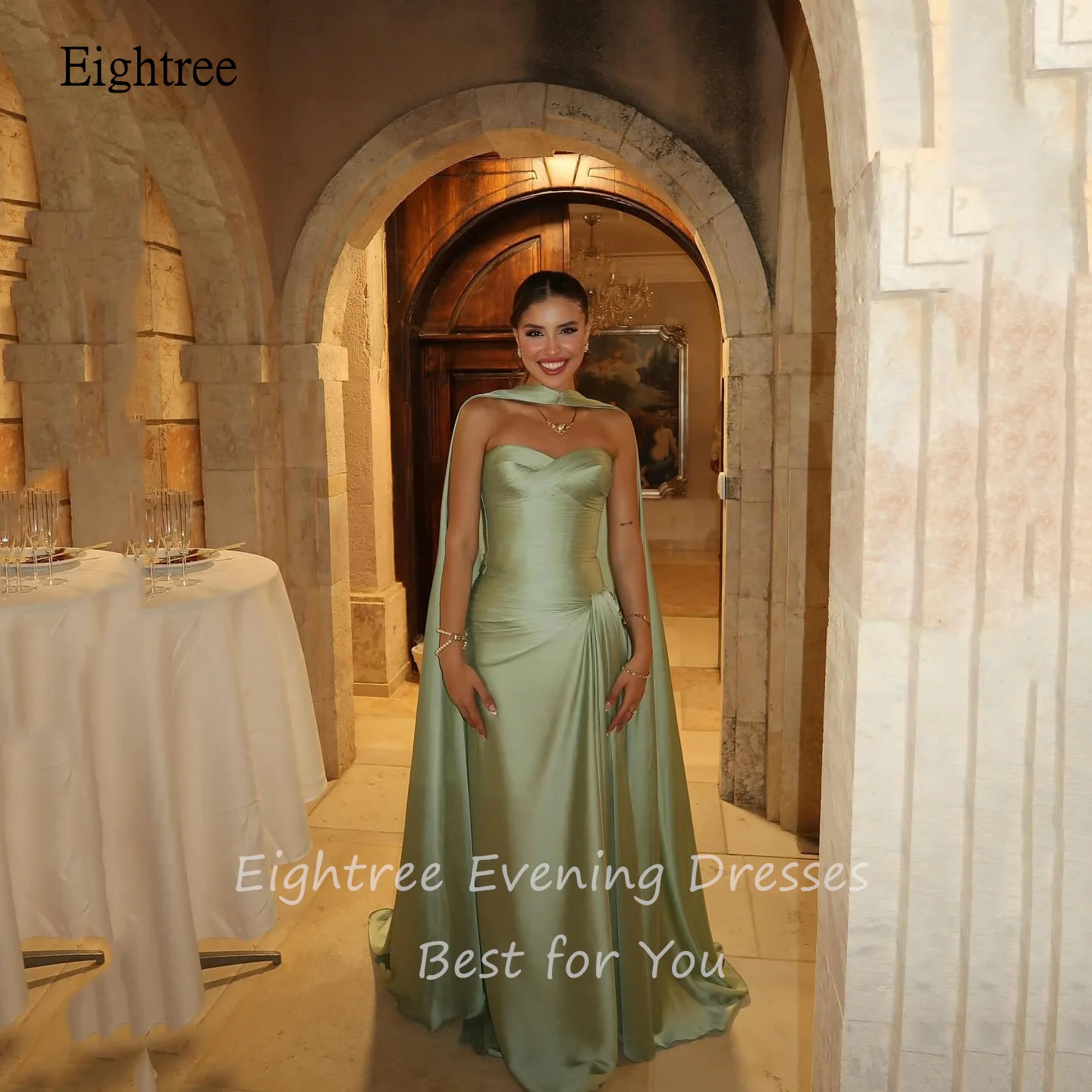 Eightree verde claro escote corazón sirena vestidos formales de graduación mangas casquillo vestido de noche hasta el suelo vestido de fiesta personalizado