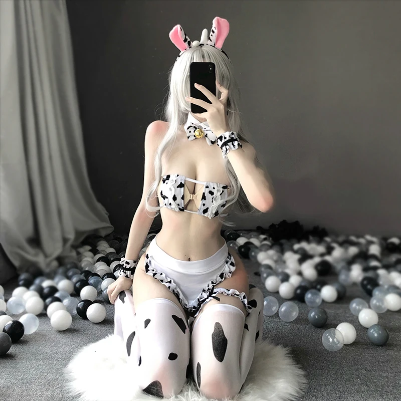 Anime Kawaii Cos Cow Cosplay Costume Maid Tankini Bikini Swimsuit Women Sexy Lingerie Lolita Bra and Panty Set Stockings