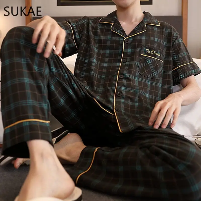 SUKAE Gentleman Sleepwear Summer Autumn New Cotton Turn-down Collar Mens Pajamas Set Leisure Plaid Casual Loungwear Pijamas