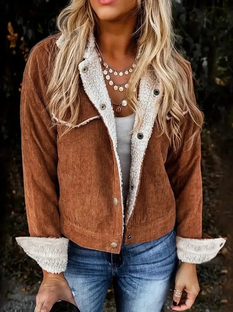 XXOWENLI Women Corduroy Jacket Vintage Lapel Button Down Short Coat Warm Casual Outerwear Ladies Winter Thick Trucker Jacket