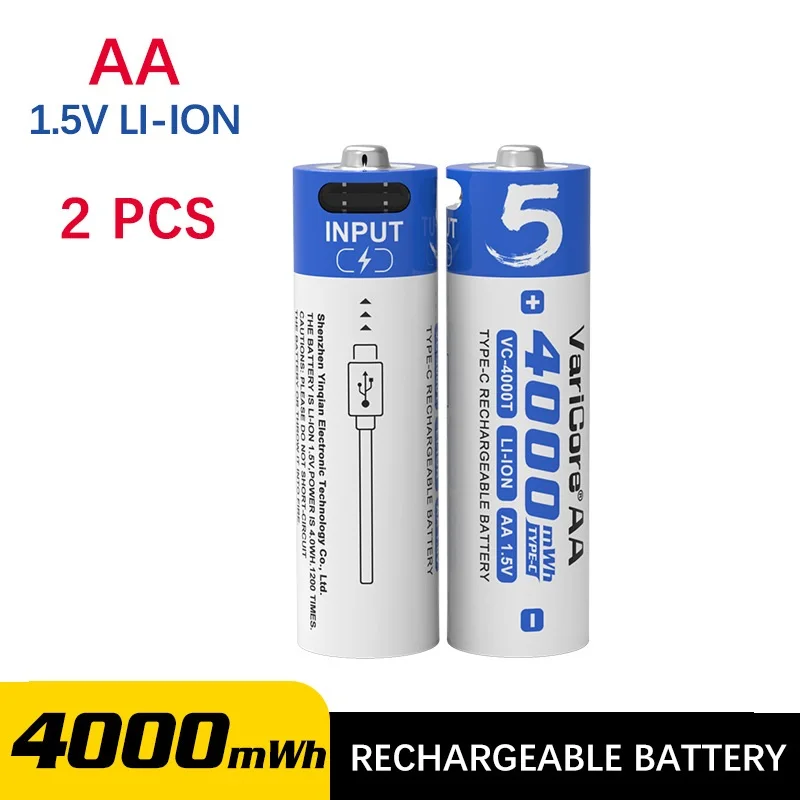 2pcs VC-4000T 1.5v AA 4000mWh Li-ion Rechargeable Battery for toy Remote Control +1pcs USB 1-to-2 Type-C Charging Cabl