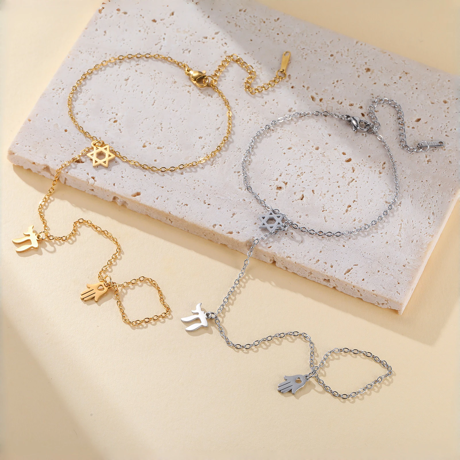 Cadena de mano de acero inoxidable Unift con anillo, pulsera de moda con colgante, pulsera chapada en oro con anillo, accesorios de joyería