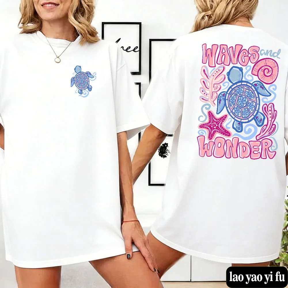 Waves and Wonder Summer T Shirt Beach Ocean Life Turtle Summer Vacation Tops Y2K Beach Wear Tees Beach Coast Lover Gift