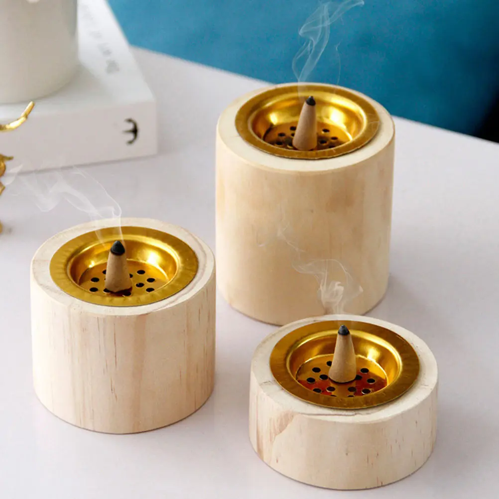 

3pcs Round Wood Cup Incense Burner Alloy Pastoral Home Aromatherapy Relaxation Bedroom Office Teahouse Censer Furnace