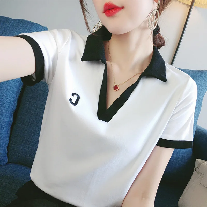 Color Block  Neck Shirt Letter Design Short Sleeve Women's T-Shirt Summer 2026 New Small Size Fashion Sensation Top