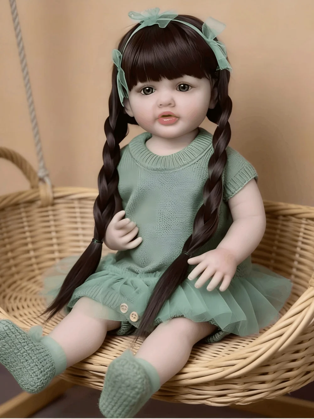 

22 Inch Lifelike Reborn Baby Doll Girl, Soft Silicone Vinyl Body with Green Tulle Dress, Braided Hair, Realistic Toddler Doll, Perfect Gift for Kids/Collectors, Birthday Christmas Toy