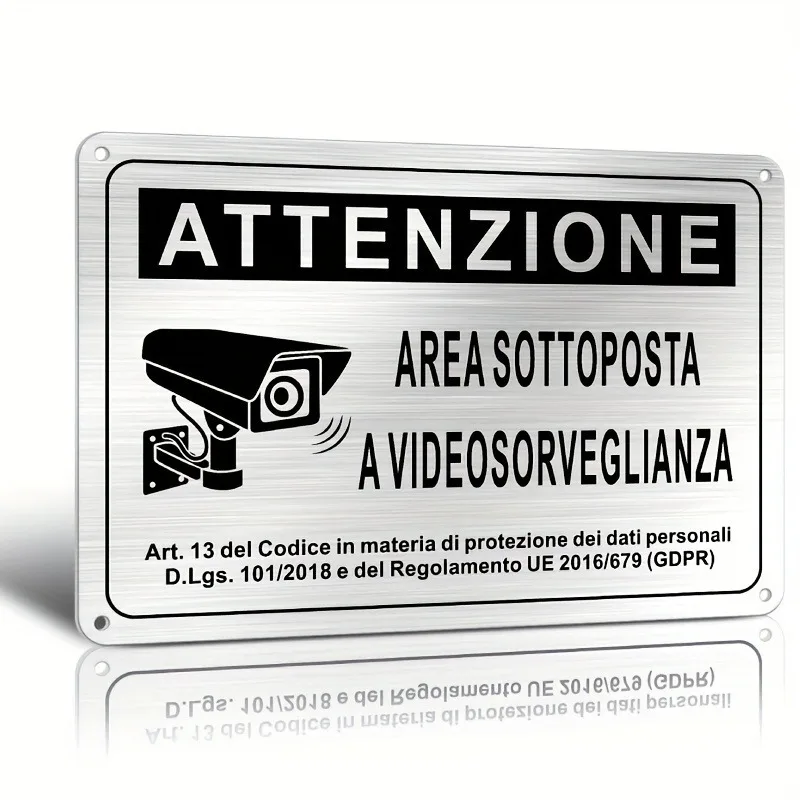 Italian Security Sign 20X30cm – Aluminum Video Surveillance Area Banner, Black & White Alert with Police Camera Ill