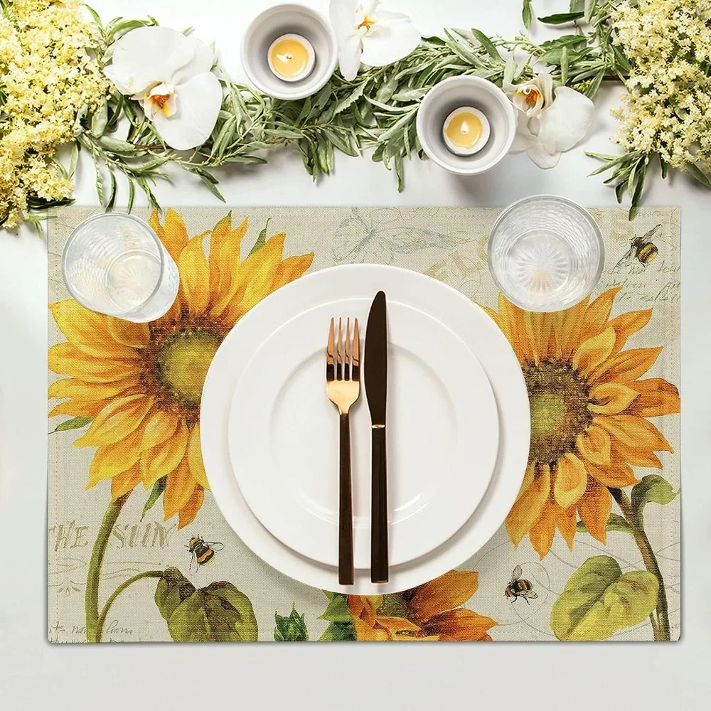 Yellow Sunflower Placemats Set of 4 Heat Resistant Machine Washable Linen Place Mat Natural Plant Sun Flower and Bee Placemats