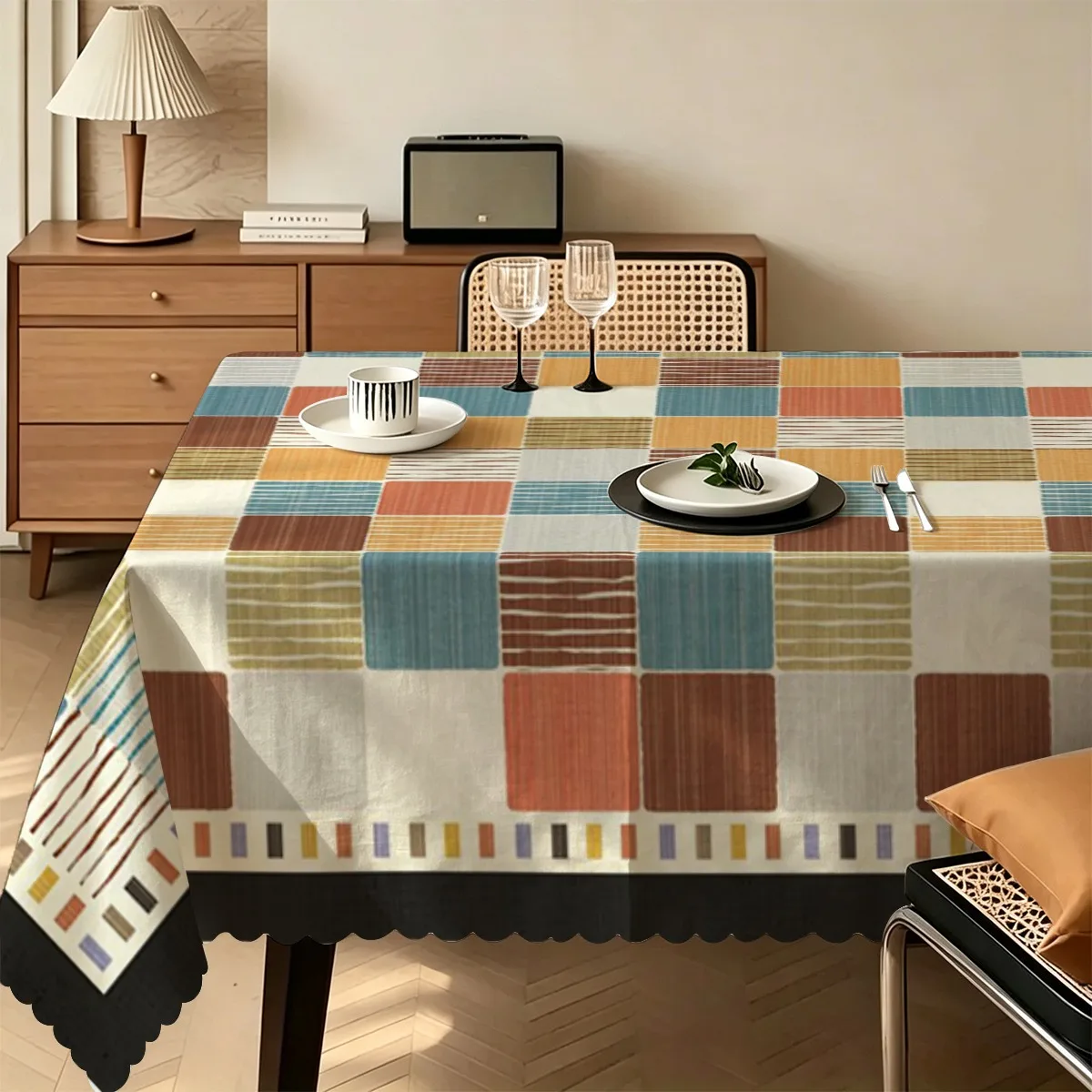 With a pattern composed of various earth tones, featuring colorful stripes and squares arranged in a staggered manner