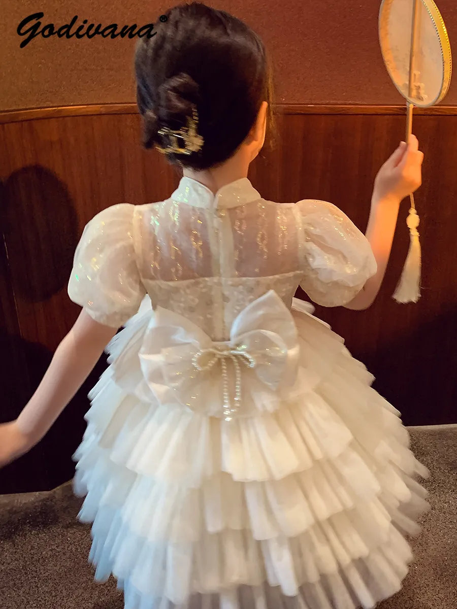 Girls Sweet Mesh Puffy Cake Princess Dress Summer New 2026 Fashion Little Girl Puff Sleeve Lace Embroidery Back Bow Sequin Gown