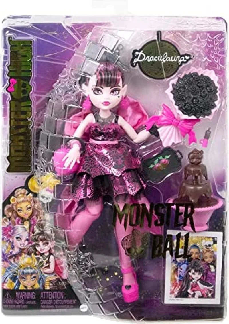 New Surprise Doll Monster High Draculaura Doll in Monster Ball Party Dress with Themed Accessories Like Chocolate Fountain