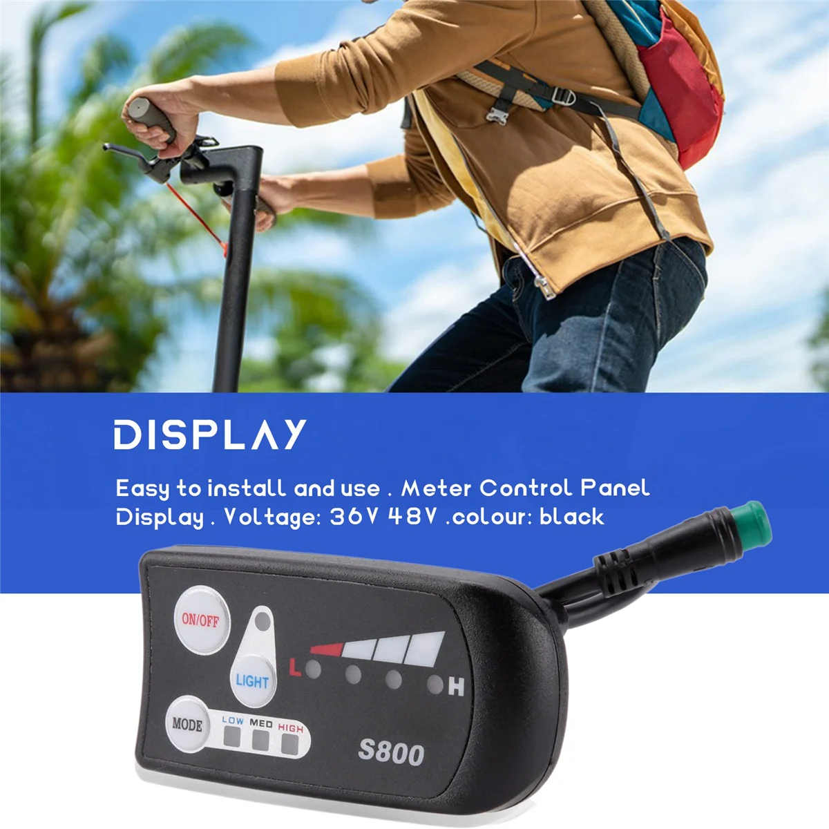 Painel de controle LED Display para bicicleta elétrica, conector à prova d'água, medidor LCD, controlador Ebike, 5 pinos, S800, 36V, 48V