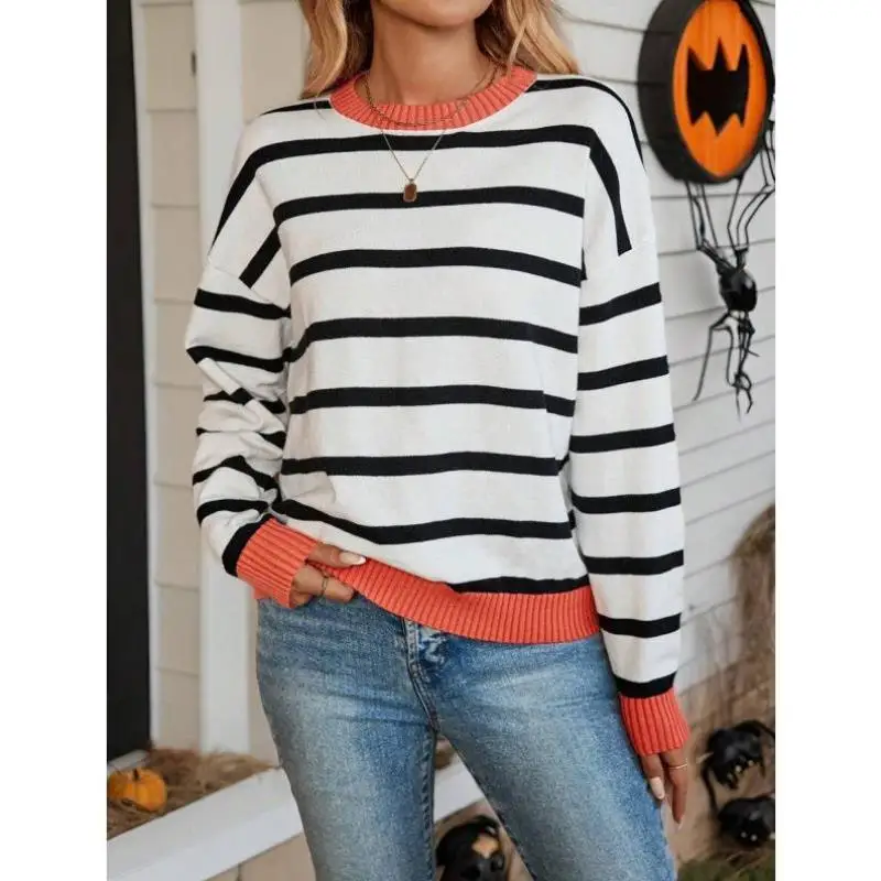 

New Cross-Border Knwear loween Orange Splicing Bla White Stripes Long Sve Ne Pullover Coolmax Fiber ex Cit...