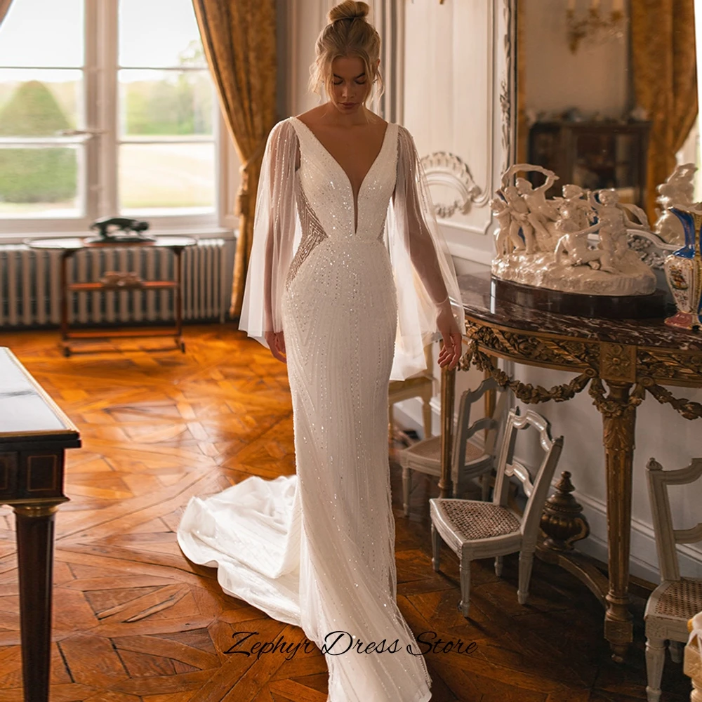 Delicate Deep V-neck Tulle Wedding Dress Customized Charming Sequined Beading Bridal Gowns Sexy Backless Mermaid Robe de mariée
