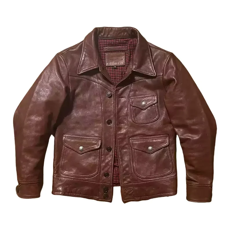 Red Brown Spring Leather Jacket Men Retro Style Plus Size 4XL Genuine Natural Soft Sheepskin Single Breasted Retro Coat