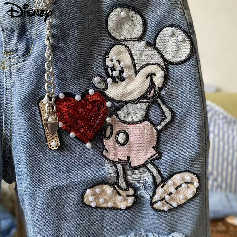 Disney New Arrival moda z najwyższej półki bawełniana damska haftowana koralikami z miki myszka letnia duże nieregularne z wysokim stanem