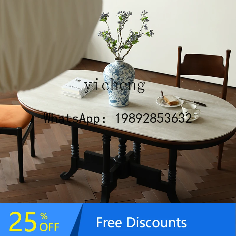 

rock slab travertine oval dining table solid wood French retro Nanyang style