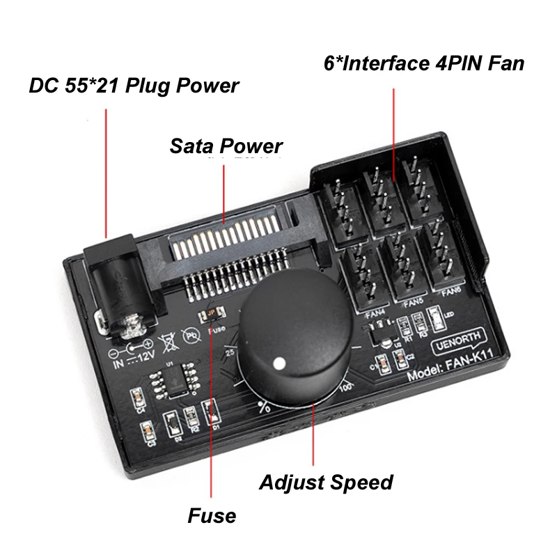 60W 12V PC ordenador 4P PIN PWM 6 controlador de velocidad del ventilador Hub de alta potencia DC Sata potencia servidor NAS Control de velocidad del ventilador regulación PWM