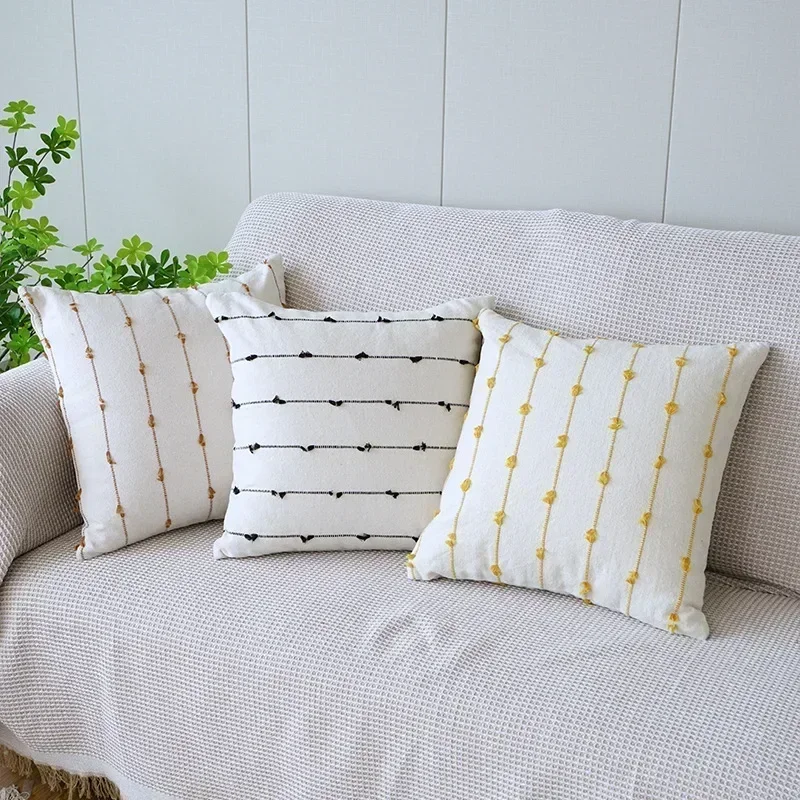 Line Linen Pillow/Cushion Covers European with Tassels Throw Pillow Sham 18x18 Home Decor Square Decorative for Couch Kids Bed