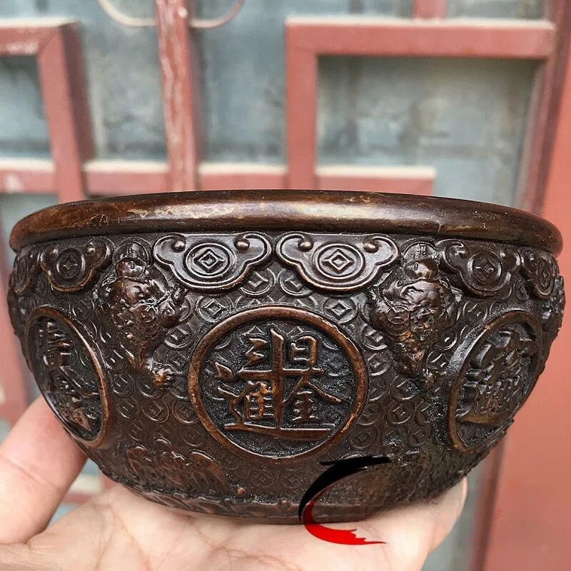 Antique alloy copper tripod golden toad attracts wealth and treasures every day, gold cornucopia old copper retro pulp bowl orna
