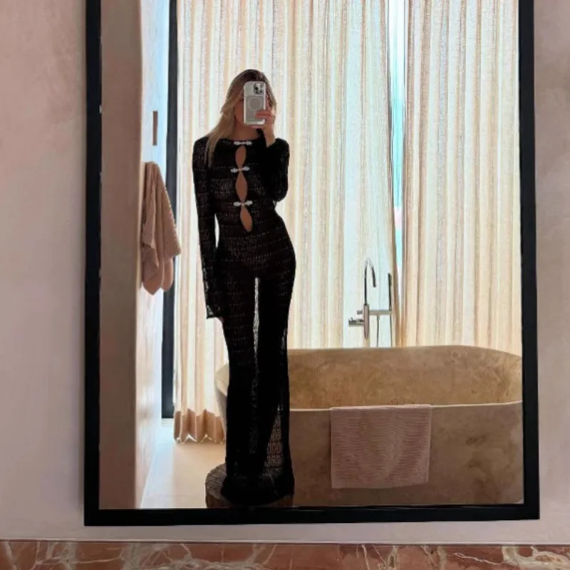 청삼 단추 홀로우 아웃 니트 맥시 드레스 여성 섹시 레이스업 백리스 스플릿 클럽 파티 롱 로브 홀리데이 비치 커버업