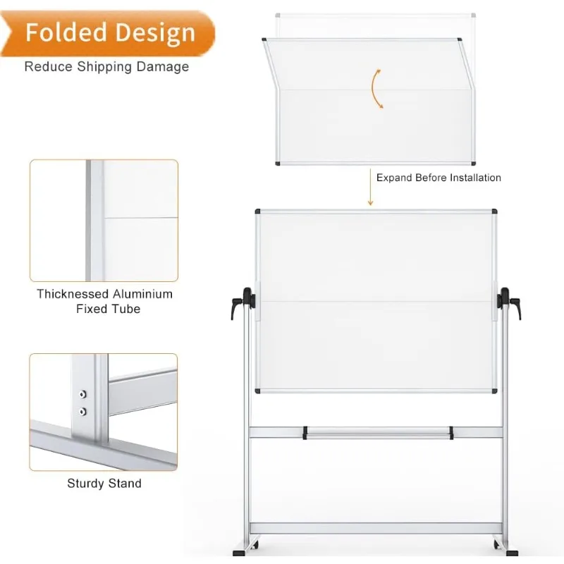 Quadro branco móvel dupla face, 48 x 36 polegadas, quadro branco de apagamento a seco com rolamento magnético sobre rodas com estrutura de alumínio e suporte