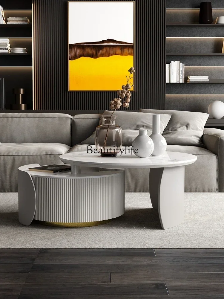 

Rock slab coffee table living room size round high and low light luxury telescopic folding cream wind tea table household