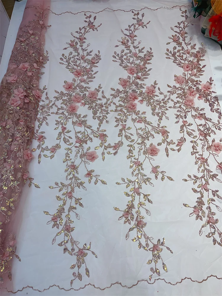 Madison Latest Luxury 3D Flower Lace Fabric Dubai Tulle Lace Fabric With Sequins Applique African Fabric For Dress Sew