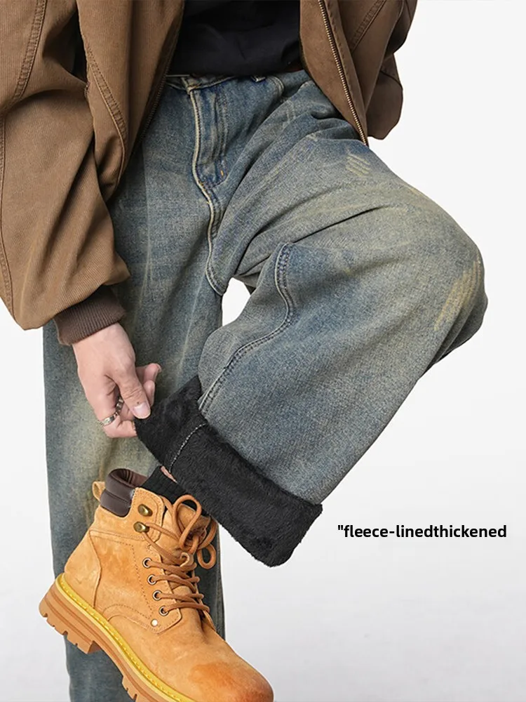 

Мужские джинсы в стиле ретро-американский вейд, осенне-зимние, широкие прямые брюки, молодежные, модные, из смесового хлопка и полиэстера