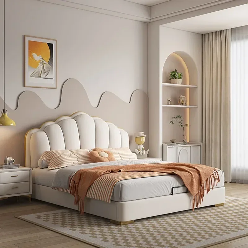 Waterproof Frame Double Bed Princess Beige Large Wooden Luxury Double Bed Headboards Storage Camas De Dormitorio Furniture