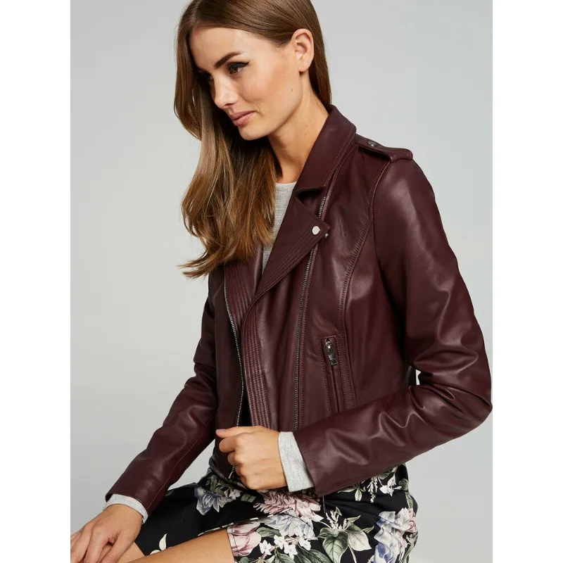 Women\'s Leather Jacket Burgundy Biker Motorcycle Pure Lambskin Coat Fashion Trends