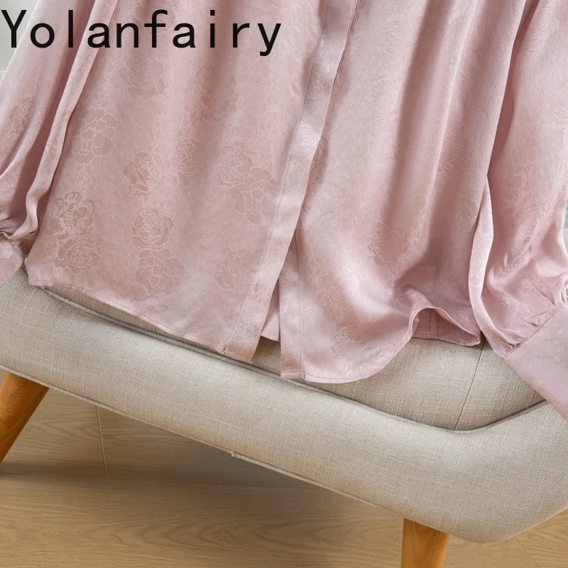 YOLANFAIRY New 100% Natural Mulberry Silk Shirt Woman Jacquard Long Sleeve Tops Breathable Shirts Damen Elegant Women Pink Shirt