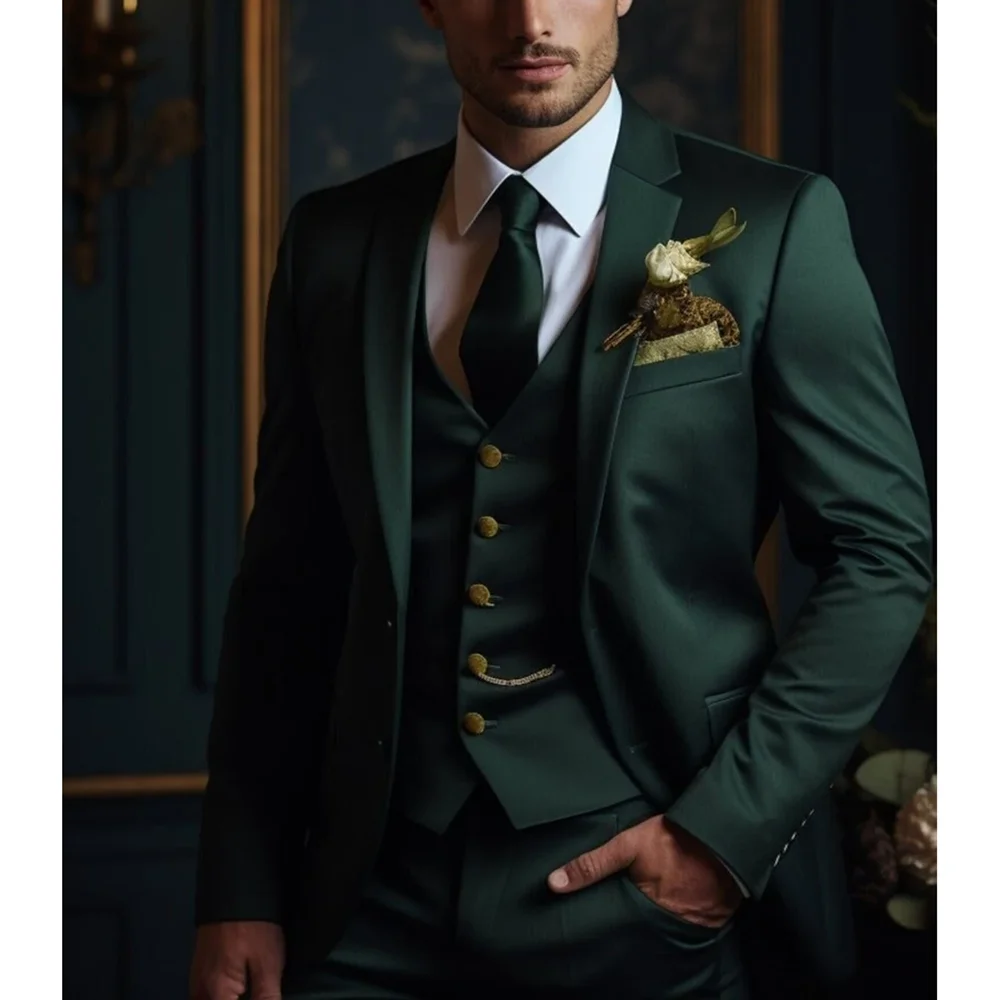 Green Men Suits 3 Piece Formal Single Breasted Notch Lapel Outfits Fashion Business Casual Groom Wedding Tuxedo Male Suit