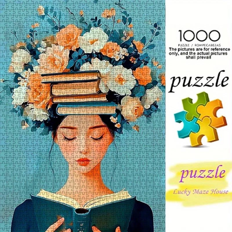 1000 Uds rompecabezas de papel DIY, chica de lectura, rompecabezas de flores y libros, rompecabezas para niñas, rompecabezas ilustrado, blanco de alta calidad