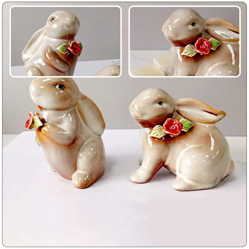 2Pcs Ceramic Rabbit Statues Premium Desktop Garden Decor Small Realistic Bunny Ornament for Office Living Room Coffee Shop
