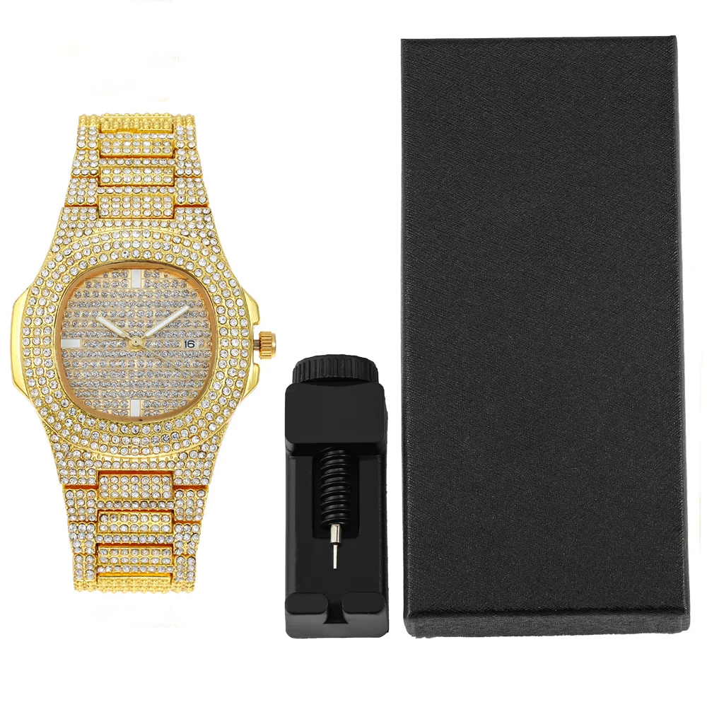 1pc Men Women Quartz Watch Iced Out Hip-hop Punk Full Diamonds Wrist Watch Bundled Size Adjuster Stylish Party Jewelry Gift Box