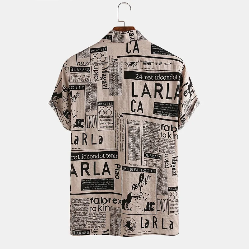 2024 Męskie koszule z krótkim rękawem Casual Vintage Newspaper Print Wakacyjne koszule hawajskie Plus Size S-5XL