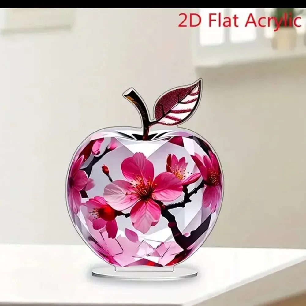 1 pieza, adorno decorativo acrílico plano 2D con forma de manzana y diseño de flor de cerezo, adecuado para el hogar y la oficina, elegante