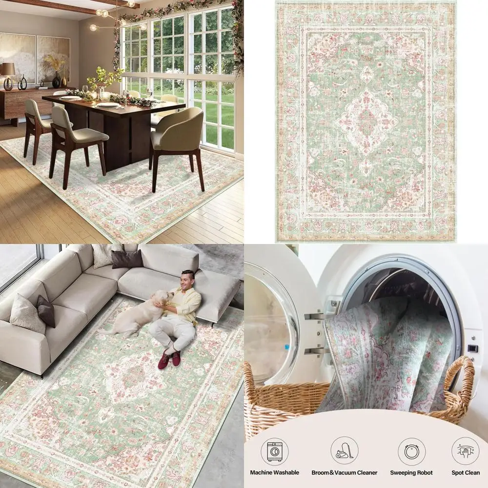 

Large Boho Neutral 5x7 Area Rug, Green & Pink, High Traffic, Non-Slip for Dining, Living, Bedroom, Farmhouse Style