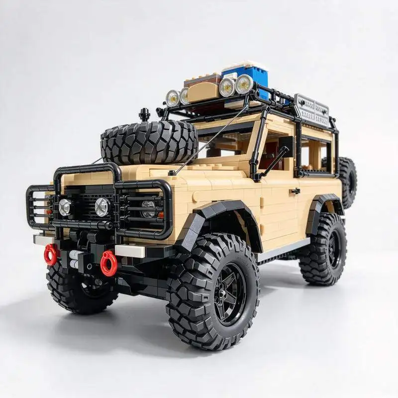 4074PCS MOC Large Beige Off Road SUV With Roof Rack Spare Tire Light Bar Big Tires Building Blocks Model Kit Holiday Gift