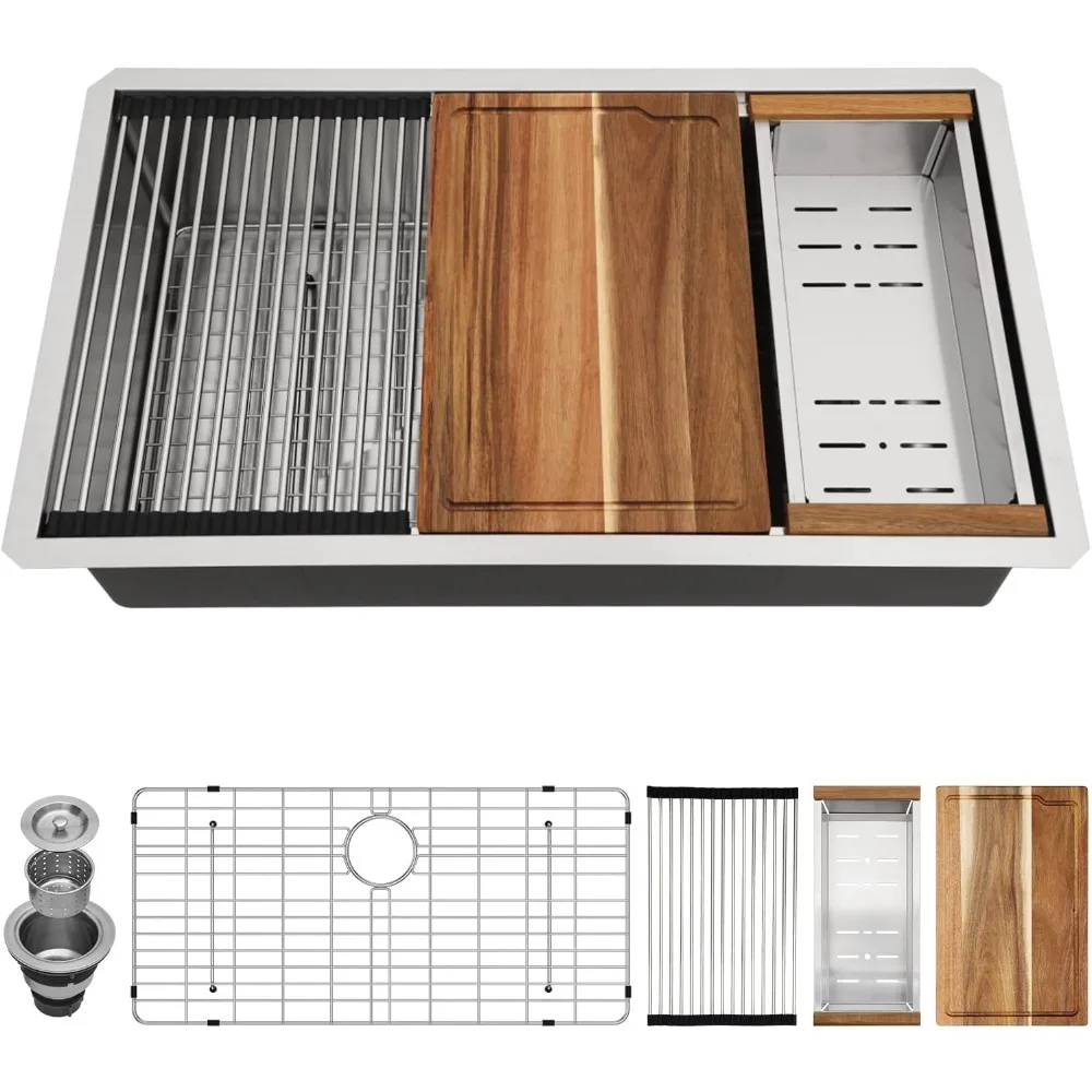 30 Inch Undermount Kitchen Sink 16 Gauge Stainless Steel Workstation Round Corners Single Bowl Under Counter Kitchen Sinks Basin