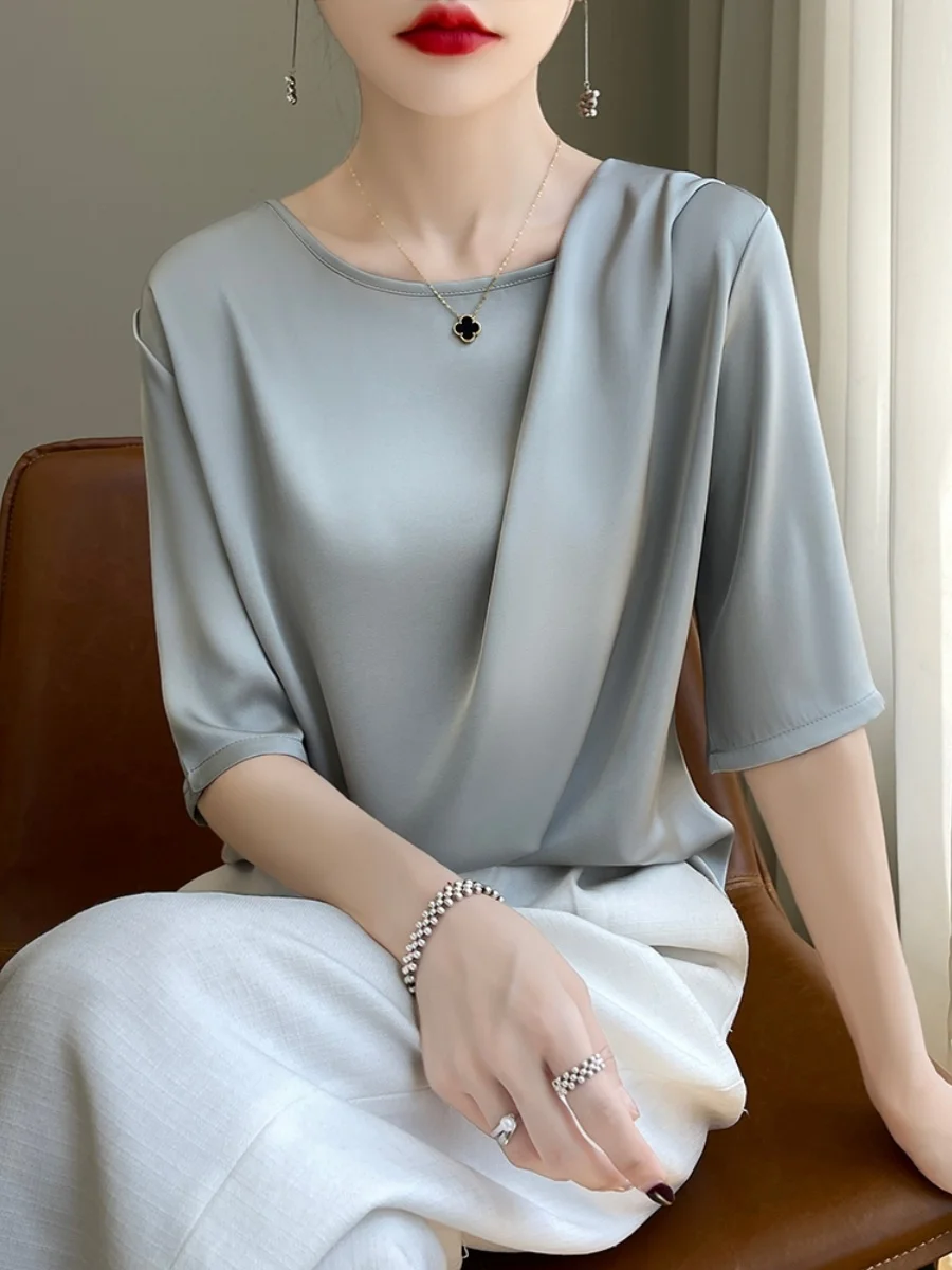 Seidensatin rund Ne f Sve Damen T-Shirt glatt plissiert Sommer New Faion dünne Oberbekleidung lässig Pendeln Sle